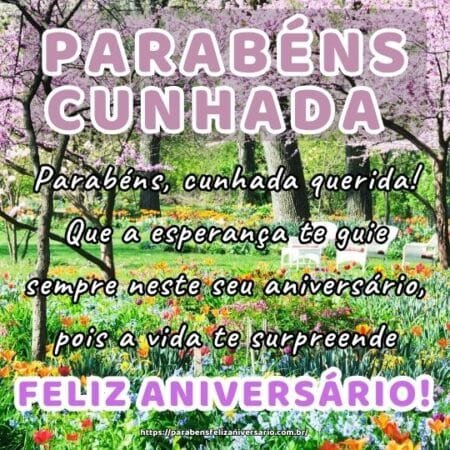 Parabéns, cunhada querida! Que a esperança te guie sempre neste seu aniversário, pois a vida te surpreende. Parabéns, cunhada querida! Que a esperança te guie sempre neste seu aniversário, pois a vida te surpreende.