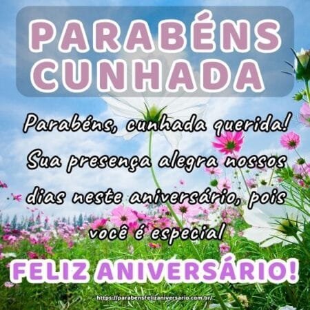 Parabéns, cunhada querida! Sua presença alegra nossos dias neste aniversário, pois você é especial. Parabéns, cunhada querida! Sua presença alegra nossos dias neste aniversário, pois você é especial.