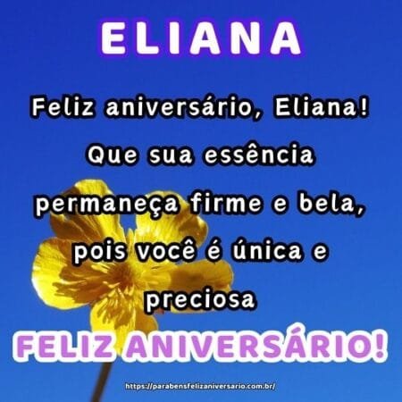 Feliz aniversário, Eliana! Que sua essência permaneça firme e bela, pois você é única e preciosa. Feliz aniversário, Eliana! Que sua essência permaneça firme e bela, pois você é única e preciosa.