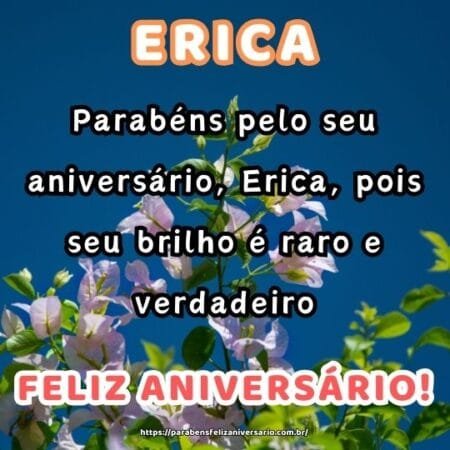 Parabéns pelo seu aniversário, Erica, pois seu brilho é raro e verdadeiro. Parabéns pelo seu aniversário, Erica, pois seu brilho é raro e verdadeiro.