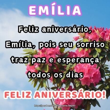 Feliz aniversário, Emília, pois seu sorriso traz paz e esperança todos os dias. Feliz aniversário, Emília, pois seu sorriso traz paz e esperança todos os dias.