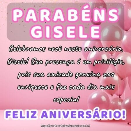 Celebramos você neste aniversário, Gisele! Sua presença é um privilégio, pois sua amizade genuína nos enriquece e faz cada dia mais especial. Celebramos você neste aniversário, Gisele! Sua presença é um privilégio, pois sua amizade genuína nos enriquece e faz cada dia mais especial.