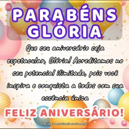 Que seu aniversário seja espetacular, Glória! Acreditamos no seu potencial ilimitado, pois você inspira e conquista a todos com sua essência única. Que seu aniversário seja espetacular, Glória! Acreditamos no seu potencial ilimitado, pois você inspira e conquista a todos com sua essência única.