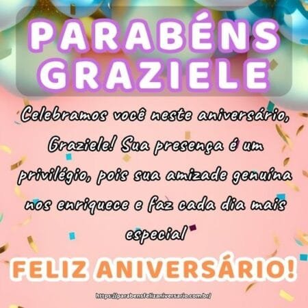 Celebramos você neste aniversário, Graziele! Sua presença é um privilégio, pois sua amizade genuína nos enriquece e faz cada dia mais especial. Celebramos você neste aniversário, Graziele! Sua presença é um privilégio, pois sua amizade genuína nos enriquece e faz cada dia mais especial.