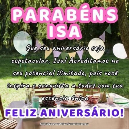 Que seu aniversário seja espetacular, Isa! Acreditamos no seu potencial ilimitado, pois você inspira e conquista a todos com sua essência única. Que seu aniversário seja espetacular, Isa! Acreditamos no seu potencial ilimitado, pois você inspira e conquista a todos com sua essência única.