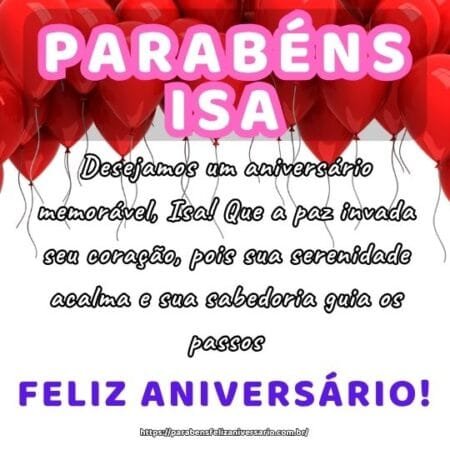 Desejamos um aniversário memorável, Isa! Que a paz invada seu coração, pois sua serenidade acalma e sua sabedoria guia os passos. Desejamos um aniversário memorável, Isa! Que a paz invada seu coração, pois sua serenidade acalma e sua sabedoria guia os passos.