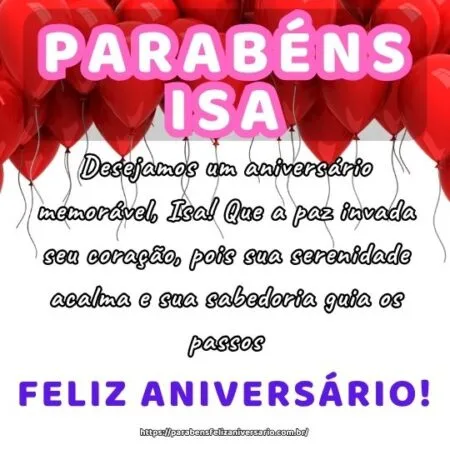 Desejamos um aniversário memorável, Isa! Que a paz invada seu coração, pois sua serenidade acalma e sua sabedoria guia os passos. Desejamos um aniversário memorável, Isa! Que a paz invada seu coração, pois sua serenidade acalma e sua sabedoria guia os passos.