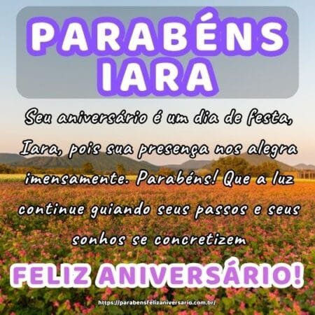 Seu aniversário é um dia de festa, Iara, pois sua presença nos alegra imensamente. Parabéns! Que a luz continue guiando seus passos e seus sonhos se concretizem. Seu aniversário é um dia de festa, Iara, pois sua presença nos alegra imensamente. Parabéns! Que a luz continue guiando seus passos e seus sonhos se concretizem.