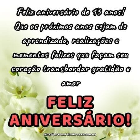Feliz aniversário de 15 anos! Que os próximos anos sejam de aprendizado, realizações e momentos felizes que façam seu coração transbordar gratidão e amor. Feliz aniversário de 15 anos! Que os próximos anos sejam de aprendizado, realizações e momentos felizes que façam seu coração transbordar gratidão e amor.