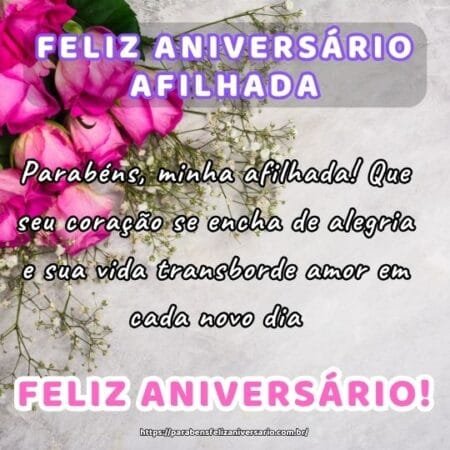Parabéns, minha afilhada! Que seu coração se encha de alegria e sua vida transborde amor em cada novo dia. Parabéns, minha afilhada! Que seu coração se encha de alegria e sua vida transborde amor em cada novo dia.