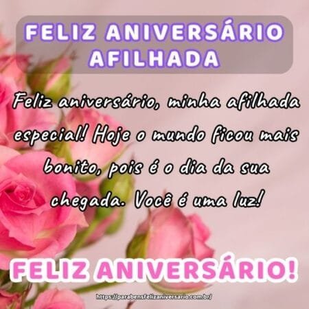 Feliz aniversário, minha afilhada especial! Hoje o mundo ficou mais bonito, pois é o dia da sua chegada. Você é uma luz! Feliz aniversário, minha afilhada especial! Hoje o mundo ficou mais bonito, pois é o dia da sua chegada. Você é uma luz!
