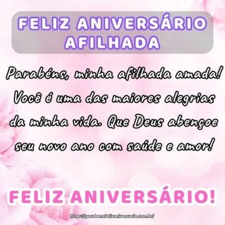Parabéns, minha afilhada amada! Você é uma das maiores alegrias da minha vida. Que Deus abençoe seu novo ano com saúde e amor! Parabéns, minha afilhada amada! Você é uma das maiores alegrias da minha vida. Que Deus abençoe seu novo ano com saúde e amor!
