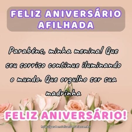 Parabéns, minha menina! Que seu sorriso continue iluminando o mundo. Que orgulho ser sua madrinha Parabéns, minha menina! Que seu sorriso continue iluminando o mundo. Que orgulho ser sua madrinha