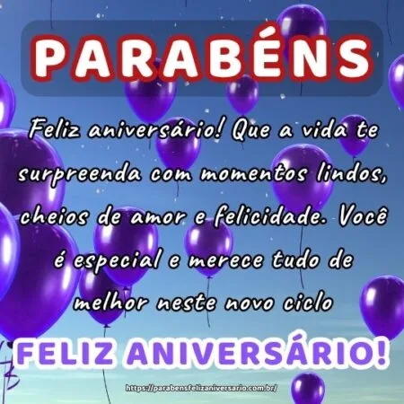 Feliz aniversário! Que a vida te surpreenda com momentos lindos, cheios de amor e felicidade. Você é especial e merece tudo de melhor neste novo ciclo. Feliz aniversário! Que a vida te surpreenda com momentos lindos, cheios de amor e felicidade. Você é especial e merece tudo de melhor neste novo ciclo.