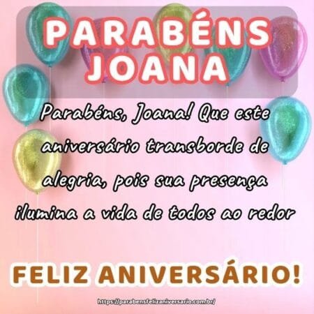 Parabéns, Joana! Que este aniversário transborde de alegria, pois sua presença ilumina a vida de todos ao redor. Parabéns, Joana! Que este aniversário transborde de alegria, pois sua presença ilumina a vida de todos ao redor.