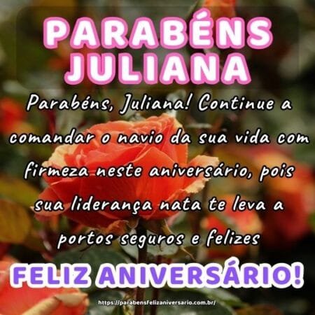 Parabéns, Juliana! Continue a comandar o navio da sua vida com firmeza neste aniversário, pois sua liderança nata te leva a portos seguros e felizes. Parabéns, Juliana! Continue a comandar o navio da sua vida com firmeza neste aniversário, pois sua liderança nata te leva a portos seguros e felizes.