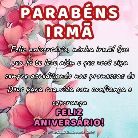 Feliz aniversário, minha irmã! Que sua fé te leve além e que você siga sempre acreditando nas promessas de Deus para sua vida com confiança e esperança. Feliz aniversário, minha irmã! Que sua fé te leve além e que você siga sempre acreditando nas promessas de Deus para sua vida com confiança e esperança.