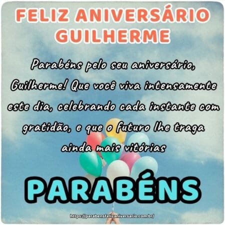 Parabéns pelo seu aniversário, Guilherme! Que você viva intensamente este dia, celebrando cada instante com gratidão, e que o futuro lhe traga ainda mais vitórias. Parabéns pelo seu aniversário, Guilherme! Que você viva intensamente este dia, celebrando cada instante com gratidão, e que o futuro lhe traga ainda mais vitórias.