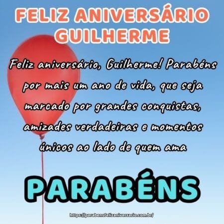 Feliz aniversário, Guilherme! Parabéns por mais um ano de vida, que seja marcado por grandes conquistas, amizades verdadeiras e momentos únicos ao lado de quem ama. Feliz aniversário, Guilherme! Parabéns por mais um ano de vida, que seja marcado por grandes conquistas, amizades verdadeiras e momentos únicos ao lado de quem ama.
