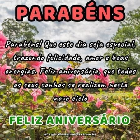 Parabéns! Que este dia seja especial, trazendo felicidade, amor e boas energias. Feliz aniversário, que todos os seus sonhos se realizem neste novo ciclo. Parabéns! Que este dia seja especial, trazendo felicidade, amor e boas energias. Feliz aniversário, que todos os seus sonhos se realizem neste novo ciclo.