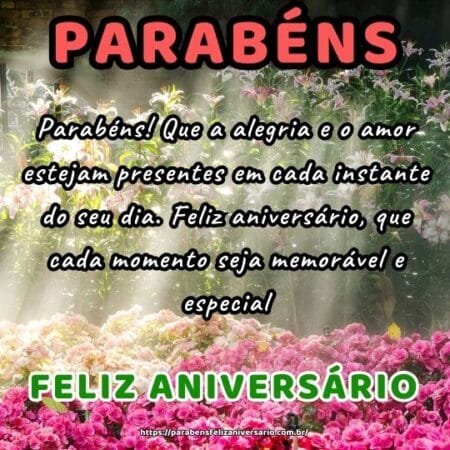 Parabéns! Que a alegria e o amor estejam presentes em cada instante do seu dia. Feliz aniversário, que cada momento seja memorável e especial. Parabéns! Que a alegria e o amor estejam presentes em cada instante do seu dia. Feliz aniversário, que cada momento seja memorável e especial.