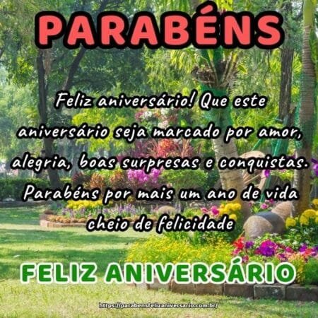 Feliz aniversário! Que este aniversário seja marcado por amor, alegria, boas surpresas e conquistas. Parabéns por mais um ano de vida cheio de felicidade. Feliz aniversário! Que este aniversário seja marcado por amor, alegria, boas surpresas e conquistas. Parabéns por mais um ano de vida cheio de felicidade.