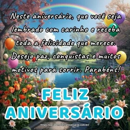 Neste aniversário, que você seja lembrado com carinho e receba toda a felicidade que merece. Desejo paz, conquistas e muitos motivos para sorrir. Parabéns!