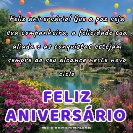 Feliz aniversário! Que a paz seja sua companheira, a felicidade sua aliada e as conquistas estejam sempre ao seu alcance neste novo ciclo. Feliz aniversário! Que a paz seja sua companheira, a felicidade sua aliada e as conquistas estejam sempre ao seu alcance neste novo ciclo.