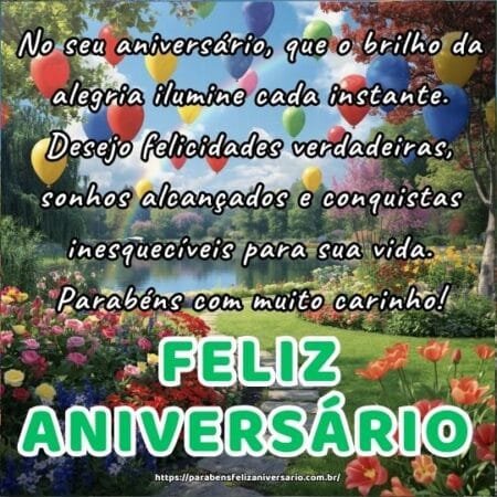No seu aniversário, que o brilho da alegria ilumine cada instante. Desejo felicidades verdadeiras, sonhos alcançados e conquistas inesquecíveis para sua vida. Parabéns com muito carinho! No seu aniversário, que o brilho da alegria ilumine cada instante. Desejo felicidades verdadeiras, sonhos alcançados e conquistas inesquecíveis para sua vida. Parabéns com muito carinho!
