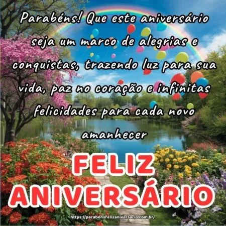 Parabéns! Que este aniversário seja um marco de alegrias e conquistas, trazendo luz para sua vida, paz no coração e infinitas felicidades para cada novo amanhecer.