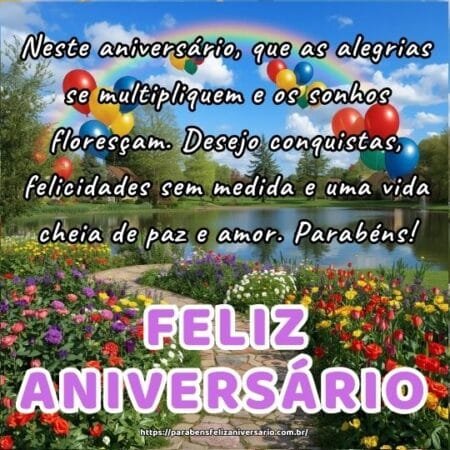 Neste aniversário, que as alegrias se multipliquem e os sonhos floresçam. Desejo conquistas, felicidades sem medida e uma vida cheia de paz e amor. Parabéns! Neste aniversário, que as alegrias se multipliquem e os sonhos floresçam. Desejo conquistas, felicidades sem medida e uma vida cheia de paz e amor. Parabéns!