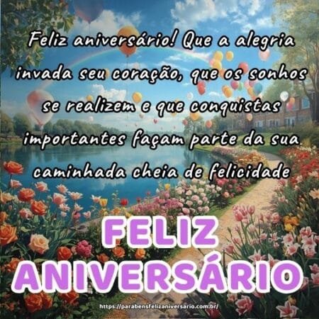 Feliz aniversário! Que a alegria invada seu coração, que os sonhos se realizem e que conquistas importantes façam parte da sua caminhada cheia de felicidade. Feliz aniversário! Que a alegria invada seu coração, que os sonhos se realizem e que conquistas importantes façam parte da sua caminhada cheia de felicidade.