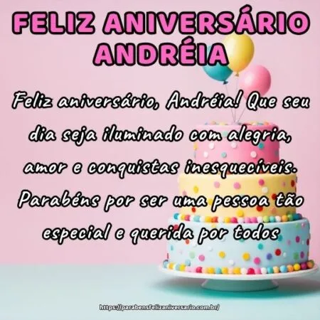 Feliz aniversário, Andréia! Que seu dia seja iluminado com alegria, amor e conquistas inesquecíveis. Parabéns por ser uma pessoa tão especial e querida por todos. Feliz aniversário, Andréia! Que seu dia seja iluminado com alegria, amor e conquistas inesquecíveis. Parabéns por ser uma pessoa tão especial e querida por todos.