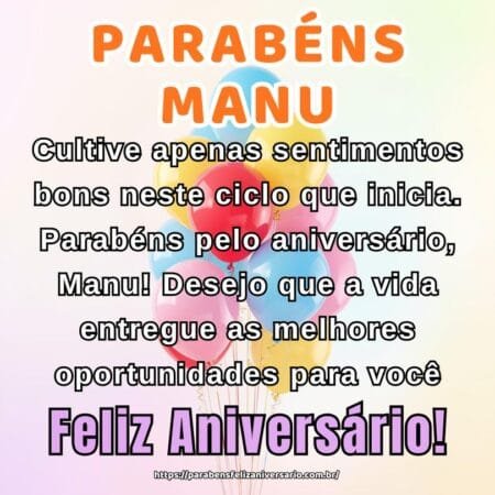 Cultive apenas sentimentos bons neste ciclo que inicia. Parabéns pelo aniversário, Manu! Desejo que a vida entregue as melhores oportunidades para você.